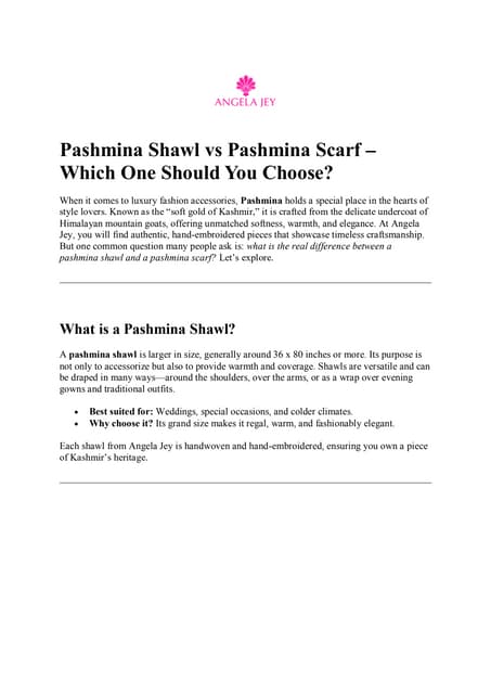 Pashmina Shawl vs Pashmina Scarf – Key Differences & Buying Guide | Angela Jey | PDF